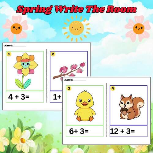 Spring Write the Room Math | Addition Subtraction Multiplication Cards