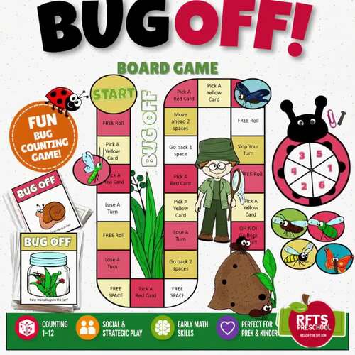 Bug Board Game PreK Kindergarten Literacy Math Centers Phonics Skills