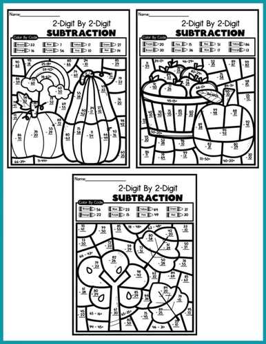 Fall Double Digit Subtraction Color By Number|2-Digit Color By Number