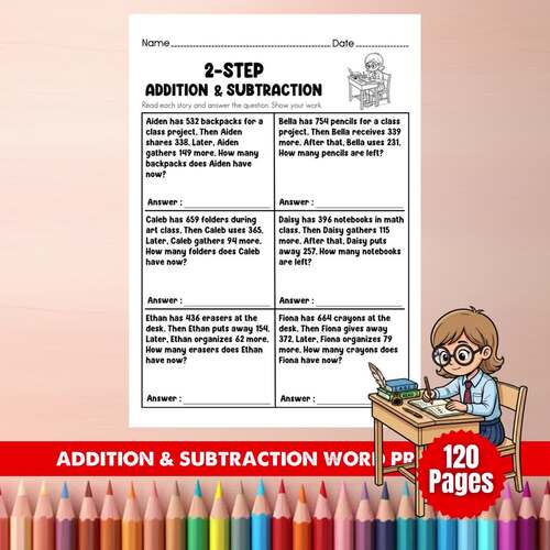 4th Grade Math Word Problems Bundle | Addition Subtraction 2-Step Worksheets PDF