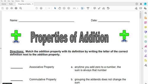 Properties of Addition Worksheet Practice or Assess by CarolJ Creations