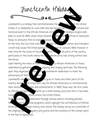 Juneteenth Reading Comprehension History Worksheet/Questions | TPT