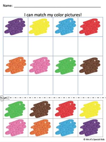 Color Matching: Cut and Paste Worksheets by Mrs K's Special Kids