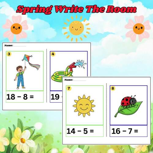 Spring Math Write the Room | Addition Subtraction Multiplication Task Cards Set