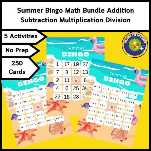 Summer Bingo Math Bundle Addition Subtraction Multiplication Division