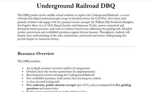 Middle School Underground Railroad DBQ by PBL History & Civics | TPT