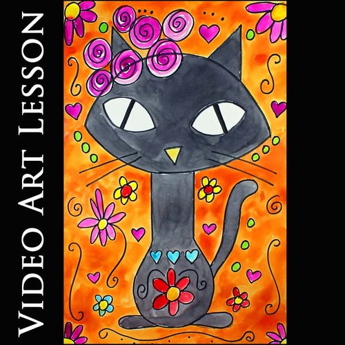 Preview of Drawing & Painting a CAT & FLOWERS | Art Lesson Inspired by Artist Frida Kahlo