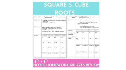 Square & Cube Roots Packet Notes Homework Review Quiz Middle School Math