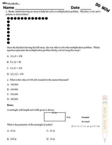 4th Grade Math DO NOWs (Bell Ringers for 2nd Quarter 24-25 school year)