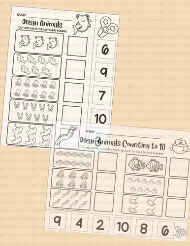 Ocean Animals Counting to 10 Cut and Paste Number Matching PreK ...
