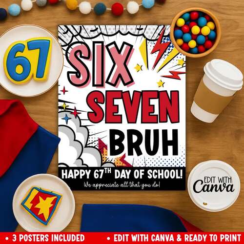 67th Day School Teacher Staff Appreciation Poster Bundle, Funny Six ...