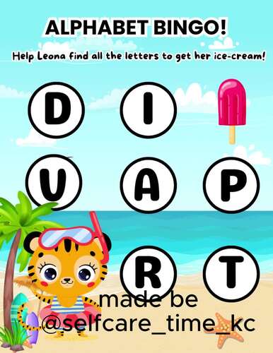 summer Cute Tiger ABC Bingo printable Alphabet Learning Game by
