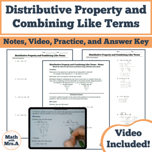 Preview of Distributive Property and Combining Like Terms | Notes, Video Lesson, Worksheet