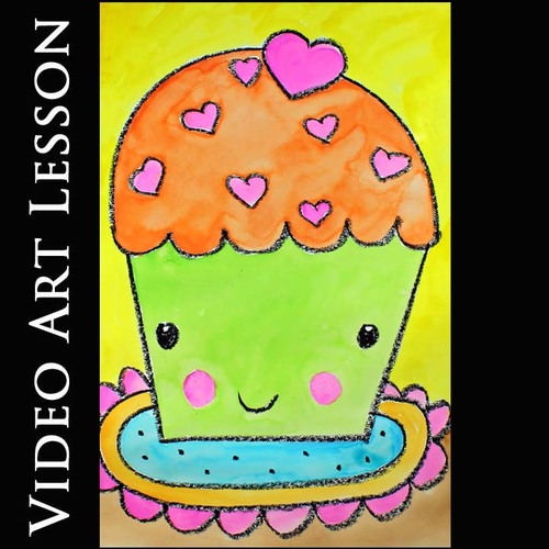 Preview of CUPCAKE WITH HEARTS Art Lesson | EASY Valentine's Day Drawing & Painting Project