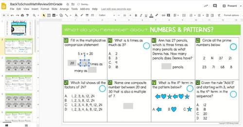Back to School 5th Grade Self-Checking Math Review Google Distance Learning