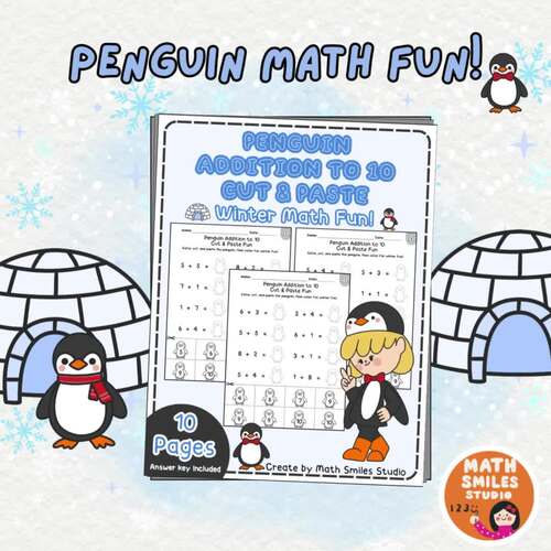 Penguin Addition to 10 Cut & Paste | Winter Math Activities | K - 1st Grade