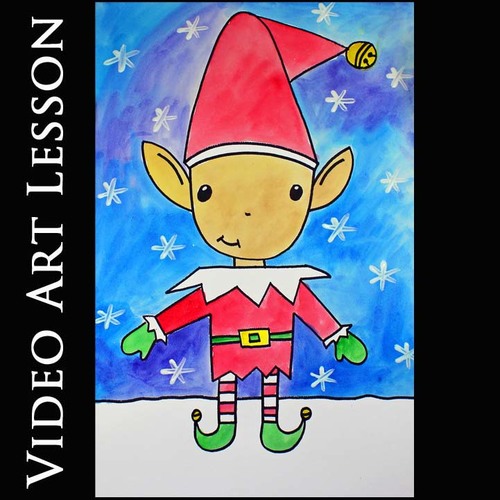 Preview of CHRISTMAS ELF Video Art Project | Directed Drawing & Watercolor Painting Lesson