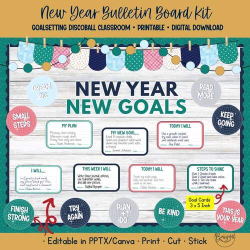 New Year Goal Setting Bulletin Board | Disco Ball Decor | Editable PPT
