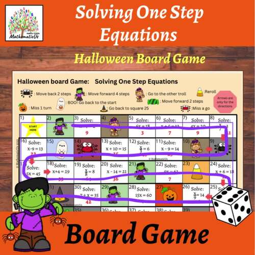 Solving One Step Linear Equations Halloween Maths Board Dice Game#3