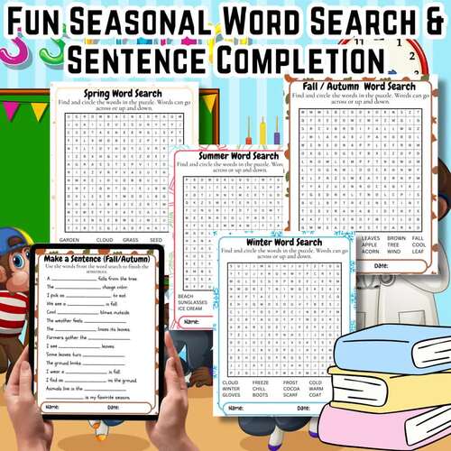 Seasonal Word Search & Sentence Completion Worksheets | 4 Seasons Literacy