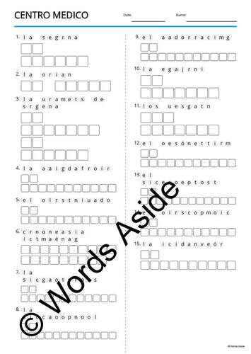 Spanish Word Games Copy Crossword Word Search Anagram MEDICAL CENTER