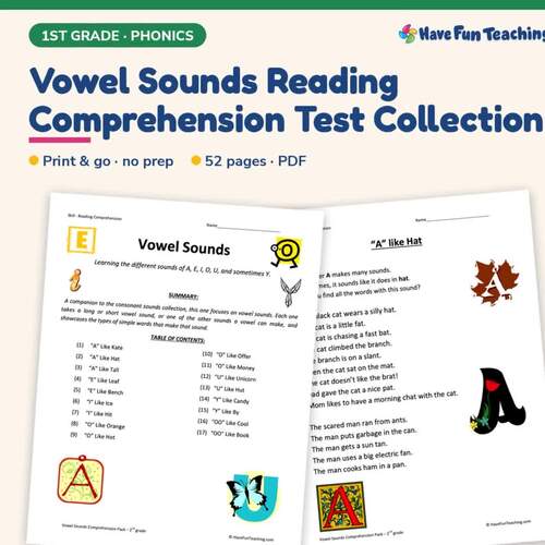 Vowel Sounds Reading Comprehension Test Collection | 1st-3rd Grade Alphabet