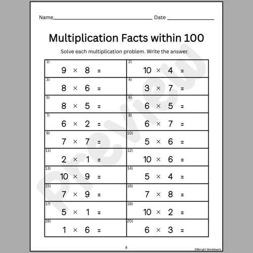 Multiplication Facts within 100 Worksheets | 3rd–4th Grade Math Fluency