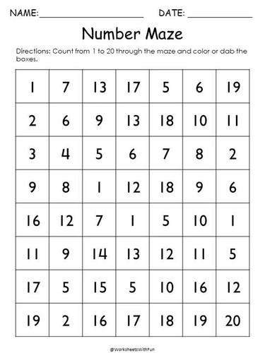 Number Maze Printable Worksheet: 6 (Color)