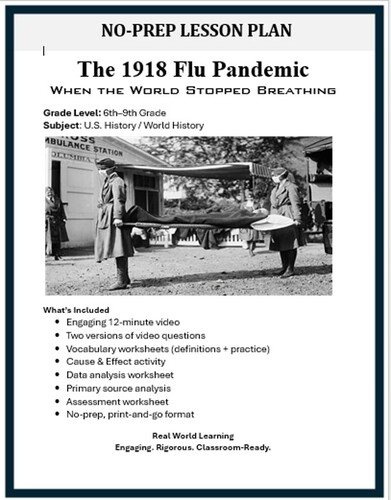 Preview of 1918 Flu Pandemic Lesson Plan & Worksheets | No Prep Spanish Flu Activity