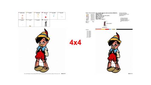 Classic Pinocchio wooden puppet embroidery designs with blue bow tie ...