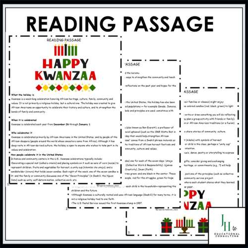 Kwanzaa Reading Comprehension Activity | Wordsearch Crossword | December