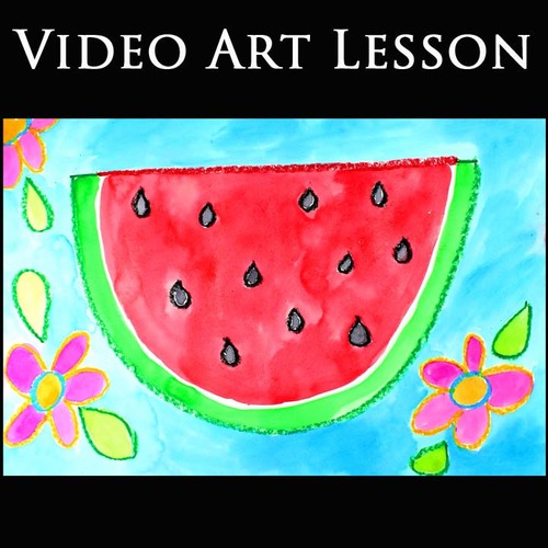 Preview of SUMMER WATERMELON Art Lesson | EASY Directed Drawing & Painting Project