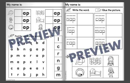 CVC Word Families Worksheets Word Search Read Trace Spell Cut Glue # ...