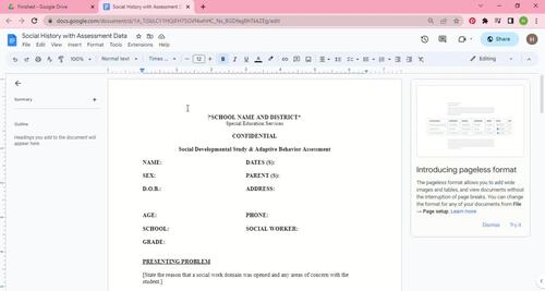 Social Developmental Study Form For Social Workers With Data Assessment