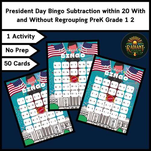 President Day Bingo Subtraction within 20 With and Without Regrouping ...
