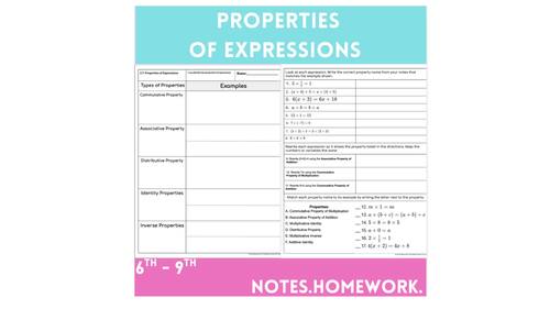 Properties of Expressions Notes, Worksheet, & Homework Middle School Math