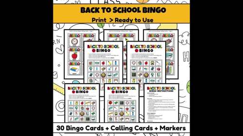 Back to School Bingo Game | 30 Bingo Cards, Calling Cards & Markers ...