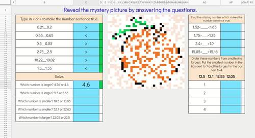 Digital Math Pixel Art Mystery Picture 4th Grade 4.NF.7 Comparing Decimals