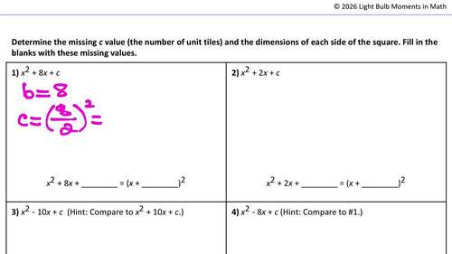 Solving Quadratic Equations by Completing the Square Notes Worksheet Videos