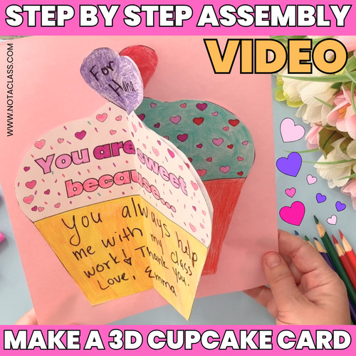 Preview of 3D Cupcake Card Assembly Video for Students | Valentine's Day Card Writing Craft