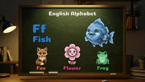Preview of Animated chalkboard video showing the letter F with colorful chalk drawings.