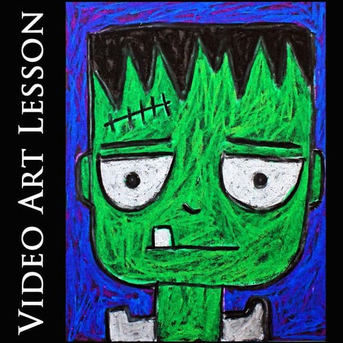 Preview of FRANKENSTEIN HALLOWEEN Art Project | EASY OIL PASTELS Directed Drawing Lesson