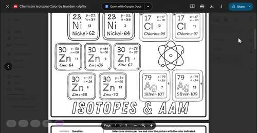 Isotopes & Average Atomic Mass Chemistry Color by Number Activity Worksheet