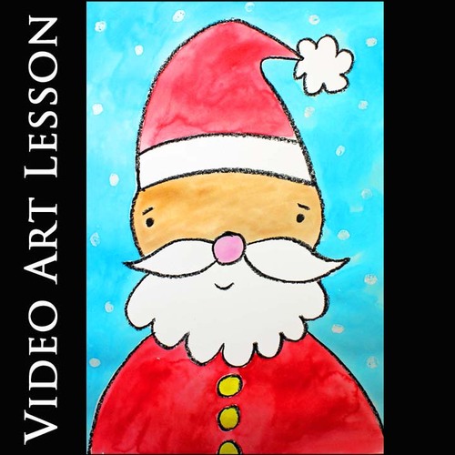 Preview of SANTA Art Lesson | CHRISTMAS & WINTER Drawing & Watercolor Painting Project