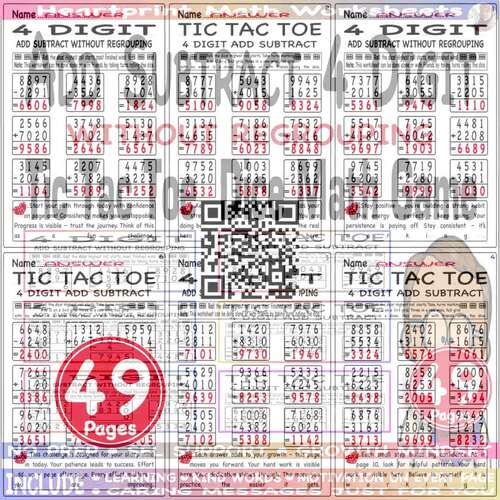 4 Digit Addition and Subtraction Without Regrouping | Tic Tac Toe Dice ...