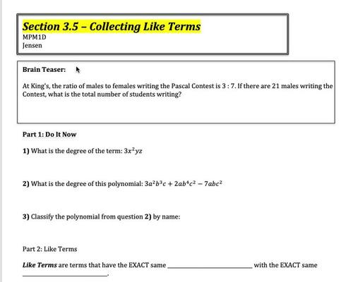 Preview of Collecting Like Terms