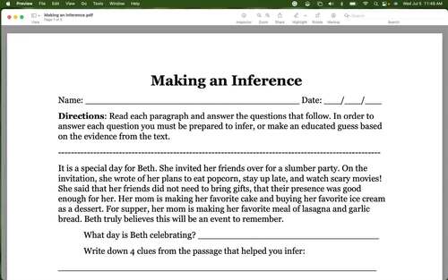 Inferences: Secondary Struggling Reader Making Inferences Worksheet