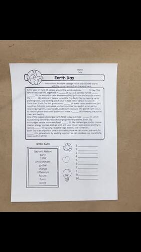 Earth Day 4th grade Cloze Reading passage Worksheets activity science craft