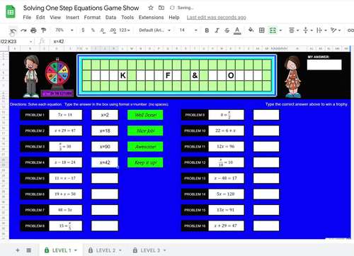 Google Sheets Digital Game Show Solving One Step Equations by Algebra ...