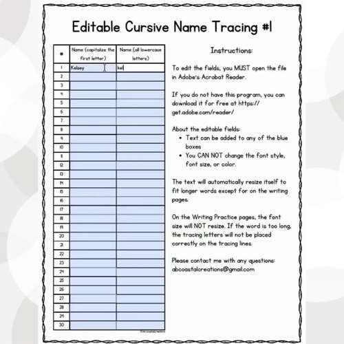 Editable Cursive Name Writing Practice: Tracing Worksheets & Coloring ...